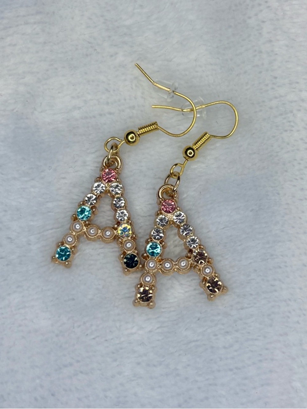 Gold Initial 'A' Dangle Earrings with Multicolor Crystals